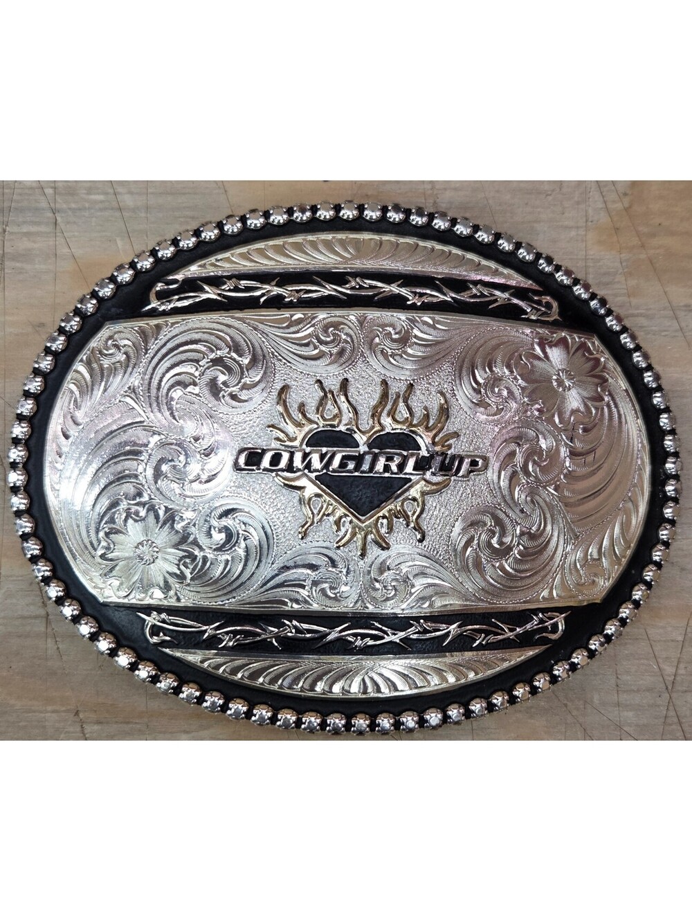 Montana Silversmiths Cowgirl Up Belt Buckle Rhinestone Heart Western Silver Blac